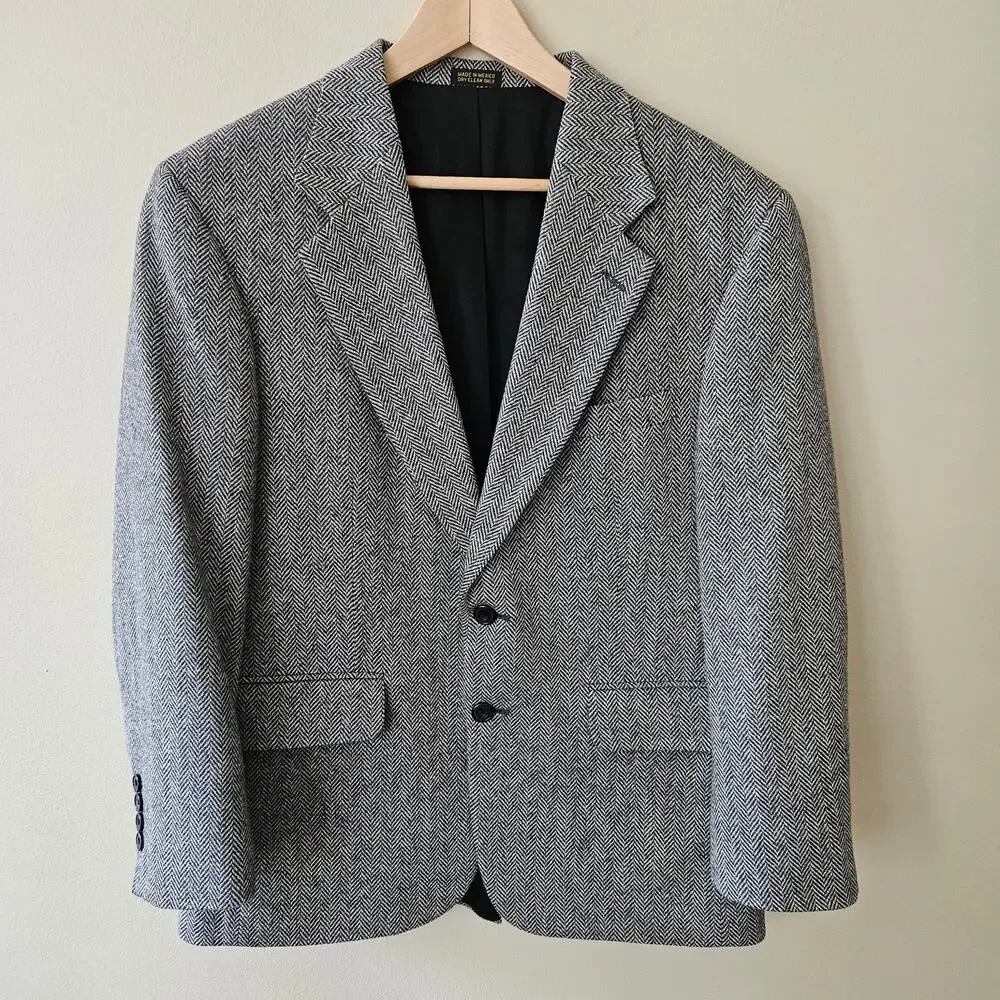 Oscar de la Renta Men's Tweed Blazer Size 40S Lambswool Blend Herringbone Preppy